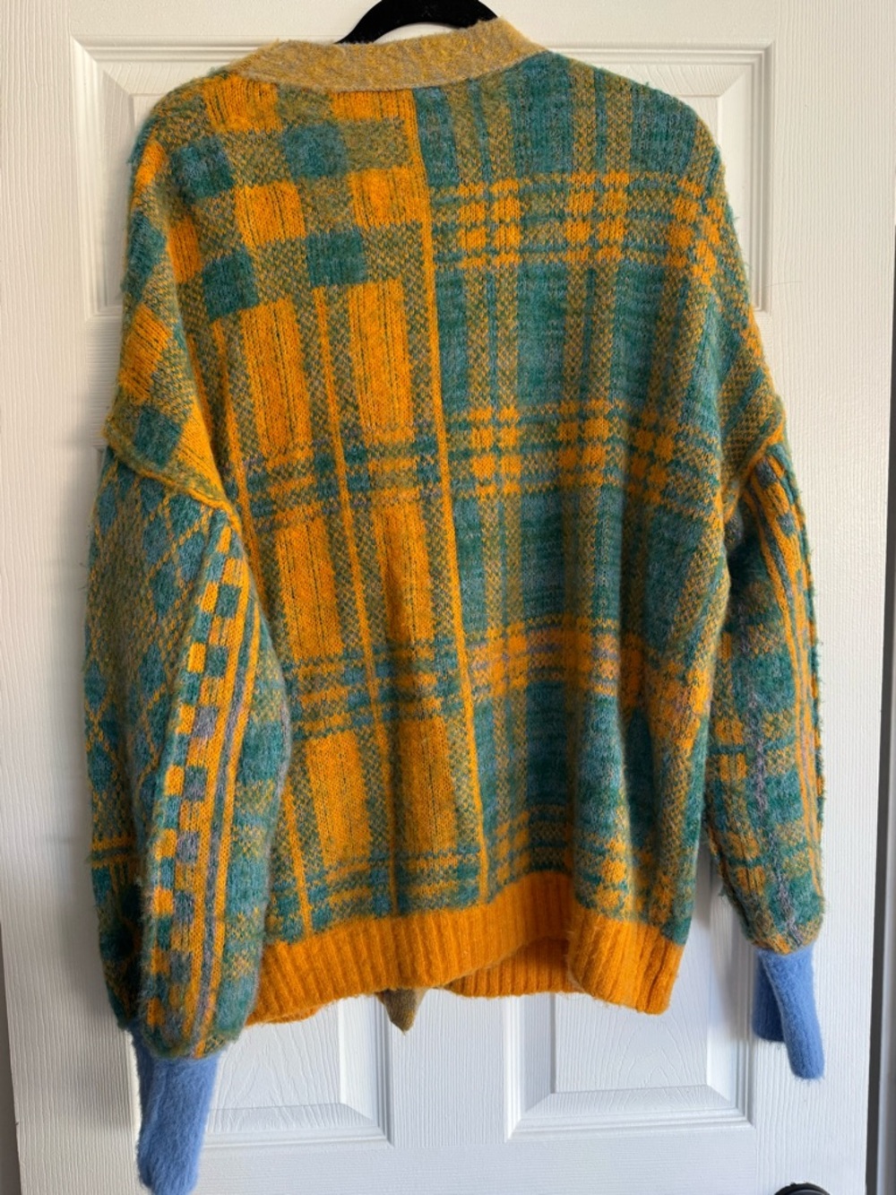 Free People Plaid Chunky Cardigan in Mustard and Teal with Light Blue Cuffs - Picture 2 of 2